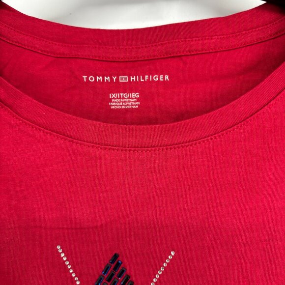 Tommy Hilfiger Womens Embellished Cotton Stretch Graphic T-Shirt Red Size 1X NWT - Picture 5 of 5